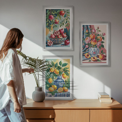 Three-piece wall art piece Flowers and fruit in vases