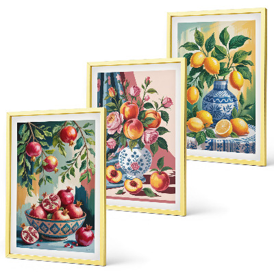 Three-piece wall art piece Flowers and fruit in vases