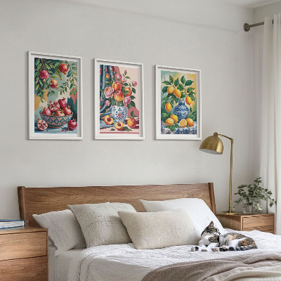 Three-piece wall art piece Flowers and fruit in vases