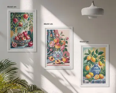Flowers and fruit in vases wall art three-piece set