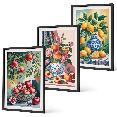 Three-piece wall art piece Flowers and fruit in vases