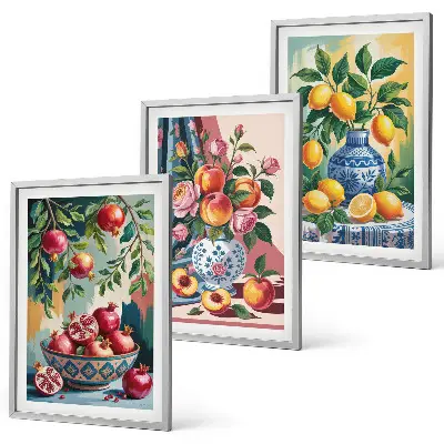 Flowers and fruit in vases wall art three-piece set