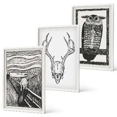 Screaming skull owl wall art set graphic design prints