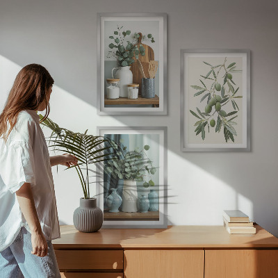 Three-piece wall art piece Green olives eucalyptus