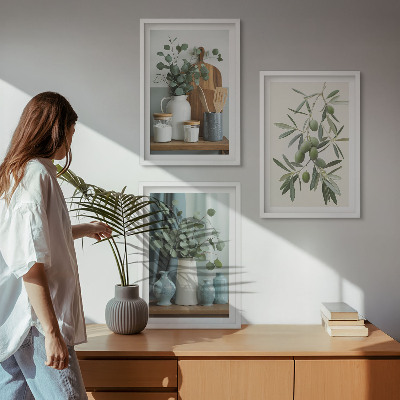 Three-piece wall art piece Green olives eucalyptus