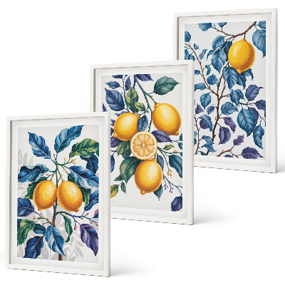 Set of 3 framed wall art pieces Lemon branches blue leaves