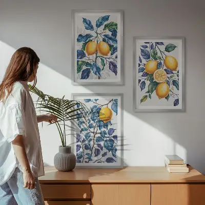 Set of 3 framed wall art prints with lemon branches and blue leaves