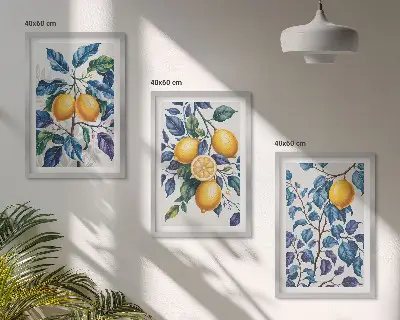 Set of 3 framed wall art prints with lemon branches and blue leaves
