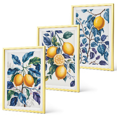 Set of 3 framed wall art pieces Lemon branches blue leaves