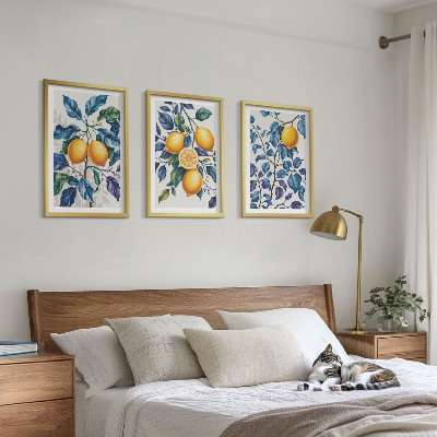 Set of 3 framed wall art pieces Lemon branches blue leaves