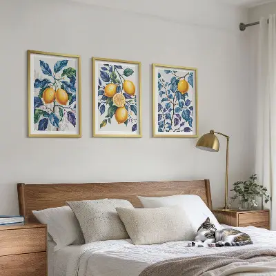 Set of 3 framed wall art prints with lemon branches and blue leaves