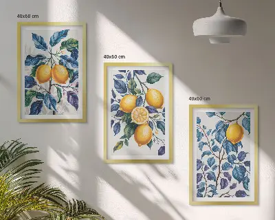 Set of 3 framed wall art prints with lemon branches and blue leaves