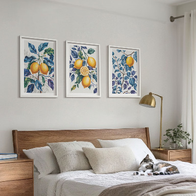 Set of 3 framed wall art pieces Lemon branches blue leaves