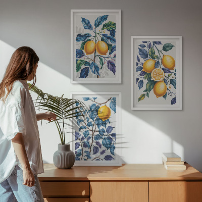 Set of 3 framed wall art pieces Lemon branches blue leaves