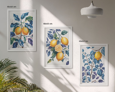Set of 3 framed wall art pieces Lemon branches blue leaves