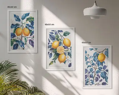 Set of 3 framed wall art prints with lemon branches and blue leaves