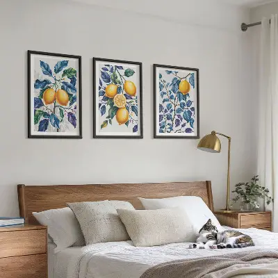 Set of 3 framed wall art prints with lemon branches and blue leaves