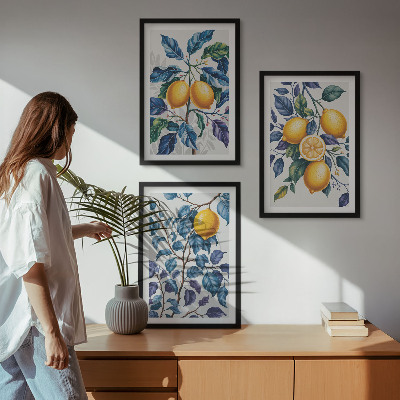 Set of 3 framed wall art pieces Lemon branches blue leaves