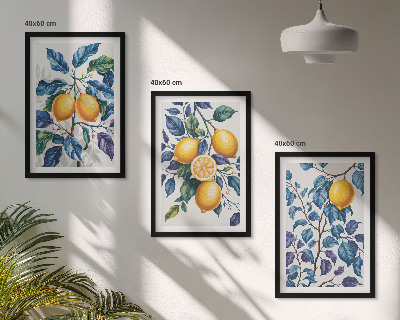 Set of 3 framed wall art pieces Lemon branches blue leaves