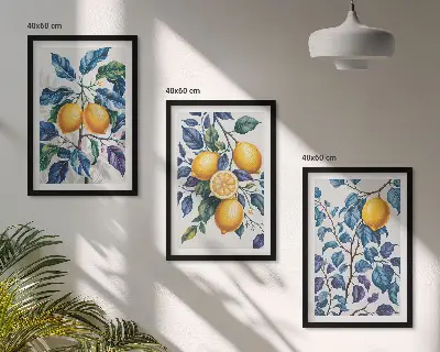 Set of 3 framed wall art prints with lemon branches and blue leaves