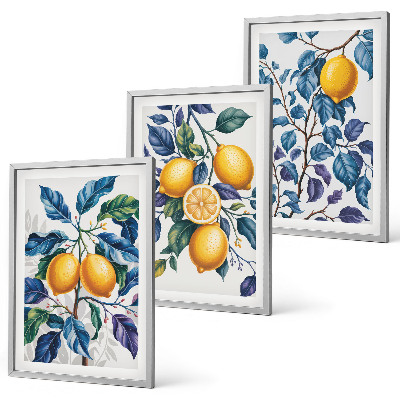 Set of 3 framed wall art pieces Lemon branches blue leaves