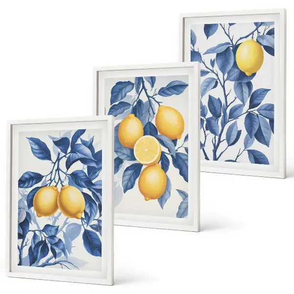 Wall art set lemon branches with blue leaves