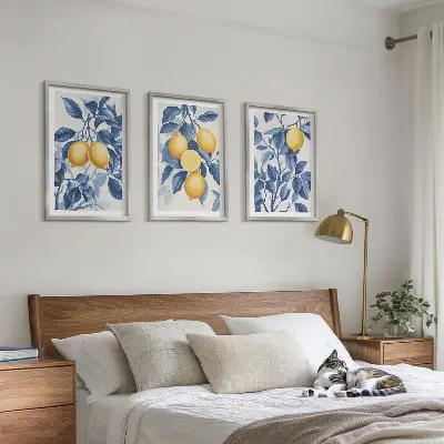 Wall art set lemon branches with blue leaves