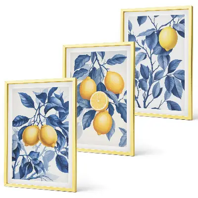 Wall art set lemon branches with blue leaves