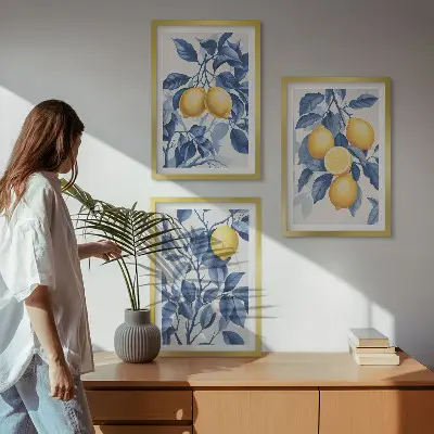 Wall art set lemon branches with blue leaves