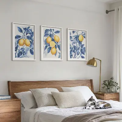 Wall art set lemon branches with blue leaves