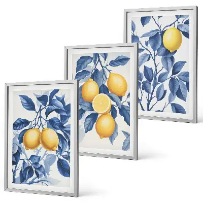 Wall art set lemon branches with blue leaves