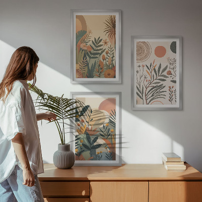 Three-piece wall art piece Plant motifs in subdued colors