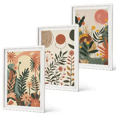 Set of 3 framed wall art pieces with vintage pastel plant patterns