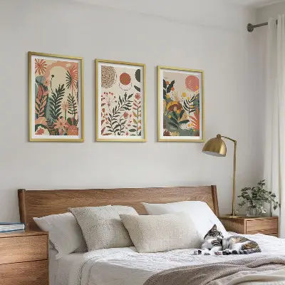 Set of 3 framed wall art pieces with vintage pastel plant patterns