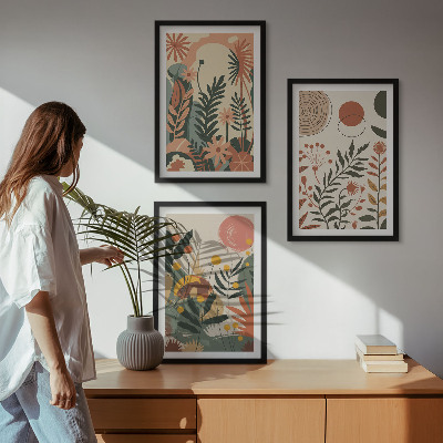 Set of 3 framed wall art pieces Vintage pastel plant patterns