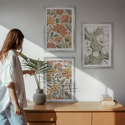 Three-piece wall art piece Floral patterns orange green