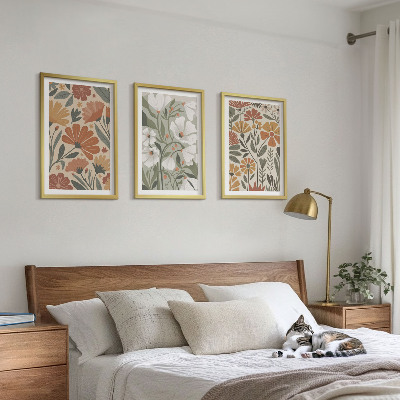 Three-piece wall art piece Floral patterns orange green