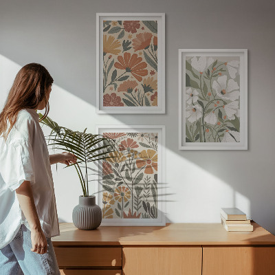 Three-piece wall art piece Floral patterns orange green