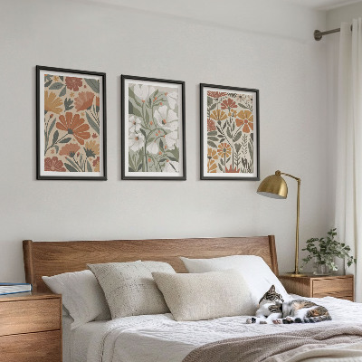 Three-piece wall art piece Floral patterns orange green