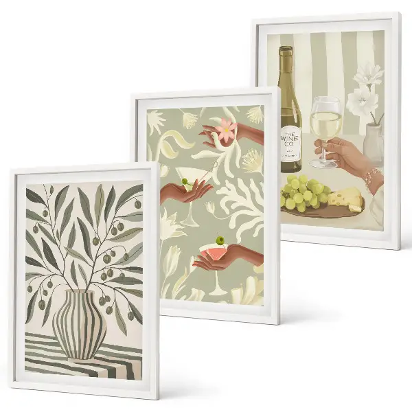 Set of 3 framed wall art pieces with olive blossoms and rustic cocktails