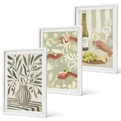 Set of 3 framed wall art pieces with olive blossoms and rustic cocktails