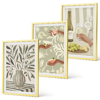 Set of 3 framed wall art pieces Olive blossoms rustic cocktails