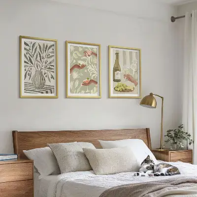 Set of 3 framed wall art pieces with olive blossoms and rustic cocktails