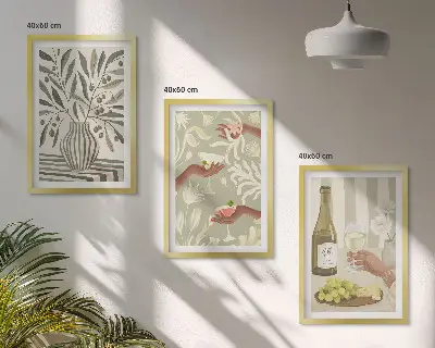 Set of 3 framed wall art pieces with olive blossoms and rustic cocktails