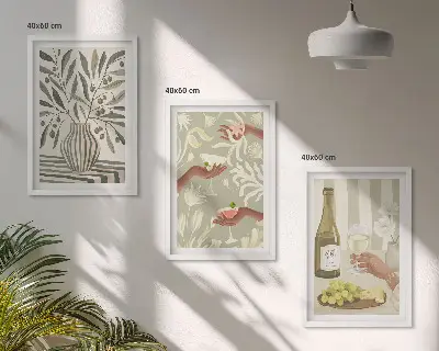 Set of 3 framed wall art pieces with olive blossoms and rustic cocktails