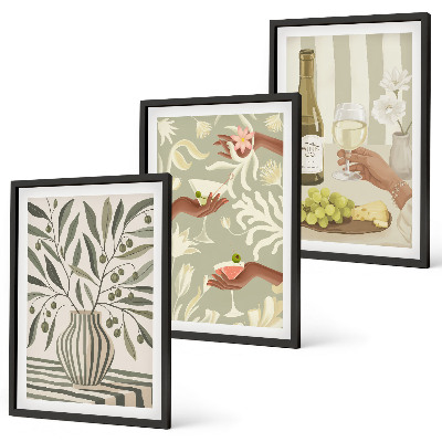 Set of 3 framed wall art pieces Olive blossoms rustic cocktails