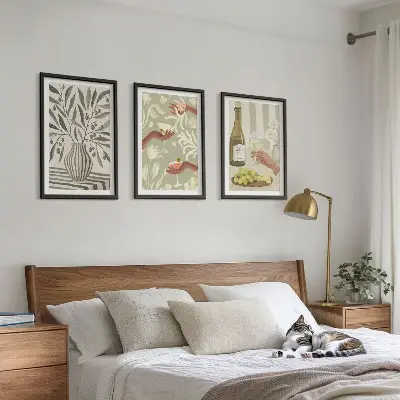 Set of 3 framed wall art pieces with olive blossoms and rustic cocktails