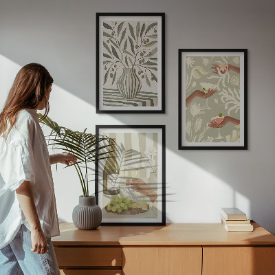 Set of 3 framed wall art pieces Olive blossoms rustic cocktails