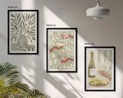 Set of 3 framed wall art pieces with olive blossoms and rustic cocktails