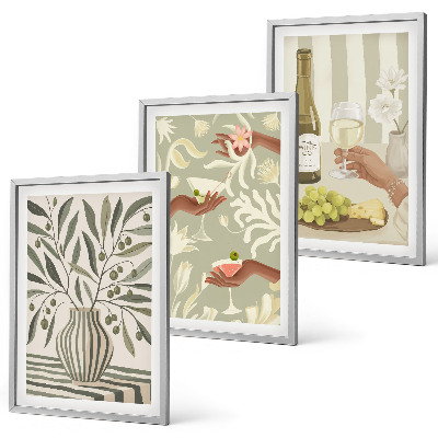 Set of 3 framed wall art pieces Olive blossoms rustic cocktails